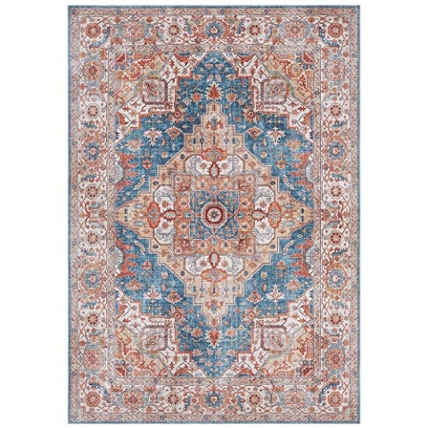 Nouristan Asmar Teppich – Wohnzimmerteppich Orient-Touch Detailiertes Muster Florales Kurflor Flachgewebe Teppich für Esszimmer, Wohnzimmer, Schlafzimmer – Jeansblau, 80x200cm