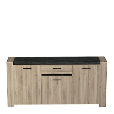 Demeyere Anrichte industriell 3 Türen 1 Schublade 2 Fächer Elegant – Farbe: Eiche hell und dunkelgrau gehämmert – 1856 x 433 x 889 cm, 185,6 x 43,3 x 88,9 cm