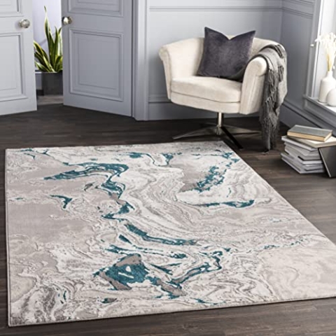 Livabliss Adria Wohnzimmer Teppich Modern - Abstrakt Design in Marmor Optik 120x170 cm für Wohnzimmer, Esszimmer, Schlafzimmer - Weicher Kurzflor in Grau, Blaugrüne, Creme