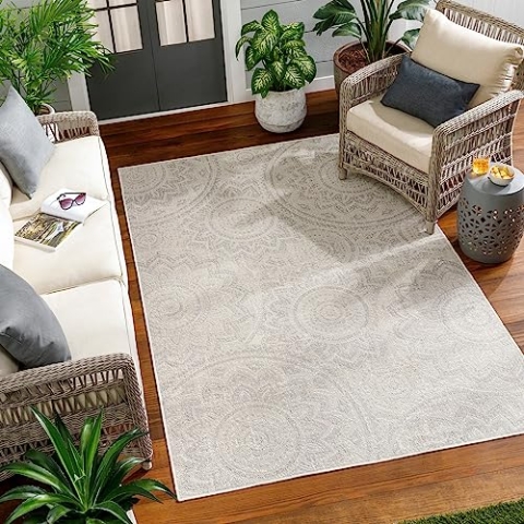 Livabliss Outdoor Teppich wetterfest, Alanya - In und Outdoor Teppich für Balkon 120x170 cm, Terrasse, Garten, Küche - Outdoor Teppich Boho Style, Teppich für draußen - Teppich Hellgrau und Elfenbein