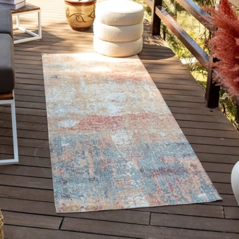 Livabliss Outdoor Teppich Wetterfest, Mijek - In- und Outdoor für Balkon 80x220 cm, Terrasse, Garten, Küche - Boho Style, für Draußen - Rost und Blau