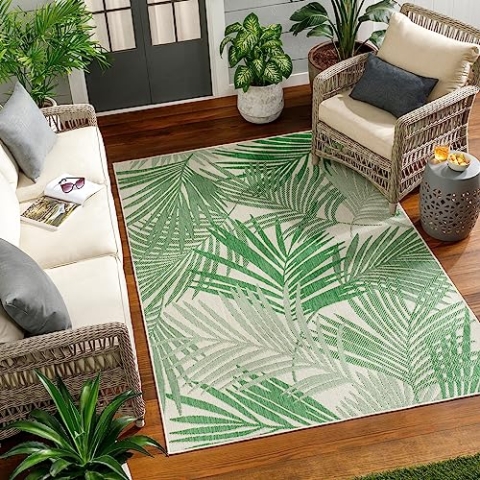 Livabliss Outdoor Teppich wetterfest, Tarsus - In und Outdoor Teppich für Balkon 120x170 cm, Terrasse, Garten, Küche - Outdoor Teppich Boho Style, Teppich für draußen - Teppich Grün und Elfenbein