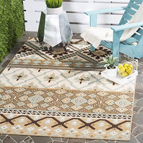 SAFAVIEH Boho Teppich für Wohnzimmer, Esszimmer, Schlafzimmer - Veranda Collection, Kurzer Flor, Creme und Braun, 79 X 152 cm