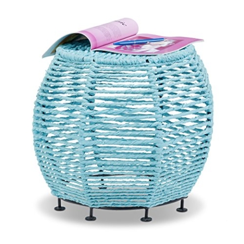Relaxdays Strick Hocker Shabby Chic, Sitzhocker aus Metall u. Stoff, runder Pouf m. Beine HxBxT 35 x 42 x 42 cm, türkis