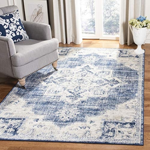 SAFAVIEH Traditionell Teppich für Wohnzimmer, Esszimmer, Schlafzimmer - Brentwood Collection, Kurzer Flor, Elfenbein und Marineblau, 160 X 229 cm