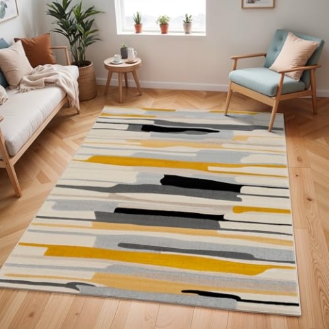 Livabliss Atlanta Boho Teppich für Wohnzimmer und Schlafzimmer - 120x170 cm, Geometrisches Muster, Skandinavisch Modern in Senfgelb, Grau, Beige