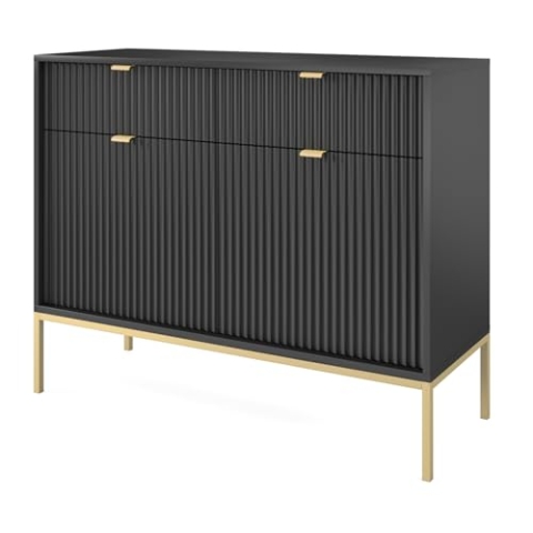 Selsey Vellore - Sideboard Kommode 2-türig mit 2 Schubladen, Schwarz mit geriffelten Fronten und goldenen Metallbeinen, 104 cm