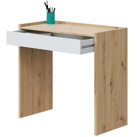 Habitdesign Schreibtisch mit 1 Schublade, Bürotisch oder Schreibtisch, Modell Noa, Artikel-Weiß und Eiche, Maße: 81,5 cm (Länge) x 40 cm (Breite) x 77 cm (Höhe)
