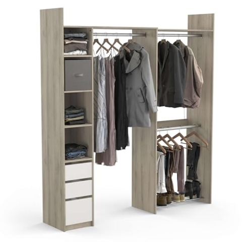 Kit Dressing Extensible D’Angle Ouvert & Modulable 3 Tiroirs 3 Barres De Penderie – Coloris Chêne & Blanc - 199,7 x 43,9 x 218,3 cm, Eiche