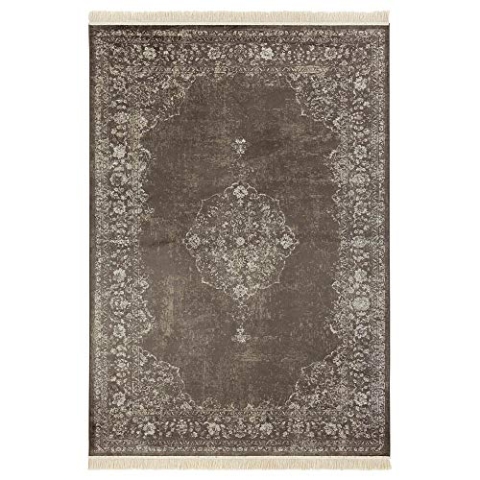 Nouristan Orientalischer Teppich – Wohnzimmerteppich mit Fransen Oriental Vintage Medaillon Naveh Samt-Teppich für Wohnzimmer, Schlafzimmer, Esszimmer, Küche, Flur – Anthrazit, 135x195cm