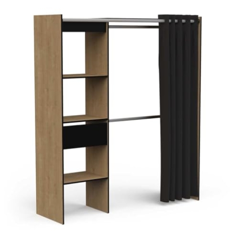 Dressing Penderie Extensible CHICAGO avec Rideau - Style Industriel - 4 Niches et 1 Tiroir - Portant a Vêtement - Fabriqué en France - Modulable et Fonctionnel