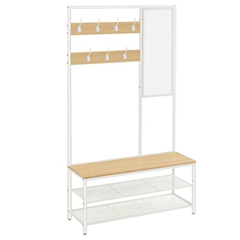 VASAGLE Kleiderständer, Garderobe, Garderobenständer mit Haken, Spiegel, Sitzbank, 35 x 98 x 180 cm, für Eingangsbereich, Schlafzimmer, Wohnzimmer, modern, eichenfarben-weiß HSR415W09
