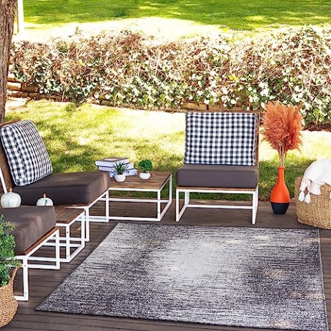 Livabliss Outdoor Teppich wetterfest, Kemer - In und Outdoor Teppich für Balkon 160x213 cm, Terrasse, Garten, Küche - Outdoor Teppich Boho Style, Teppich für draußen - Teppich Holzkohle und Elfenbein