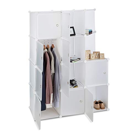 Relaxdays Regalsystem mit 10 Türen, DIY, Cubes, Ablagen, Kleiderstange, Kunststoff, Metall, HBT: 146x110x46 cm, weiß
