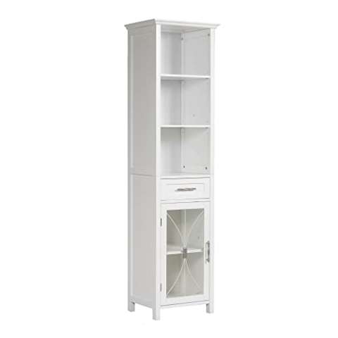 Teamson Home Delaney Badezimmer Holz Multi funktionaler Leinenschrank Weiß 7978 mit Schubladen und offenen Regalen