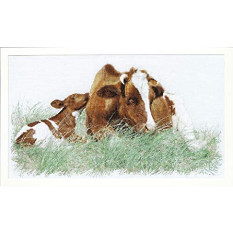 Thea Gouverneur Kreuzstich-Set, Motiv: braune Kuh auf Leinen, 45 x 70 cm, 32 Stück