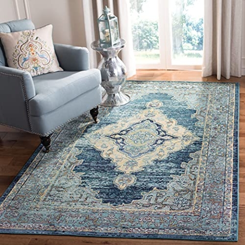 SAFAVIEH Boho Teppich für Wohnzimmer, Esszimmer, Schlafzimmer - Crystal Collection, Kurzer Flor, Blau und Gelb, 91 X 152 cm