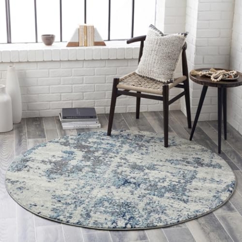 Livabliss Moroni Wohnzimmer Teppich modern – Abstrakt Design in Marmor Optik für Wohnzimmer 160 cm Rund, Esszimmer, Schlafzimmer - Marmor Teppich groß, weicher Teppich Kurzflor in Silber, Blau, Grau