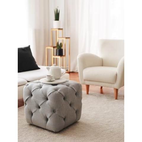 Stylish Grey Pouffe, 48 x 48 x 48 cm | 100% Wooden Frame, Soft Linen Fabric | Perfect for Modern Living Rooms & Cozy Spaces, Versatile & Chic Design