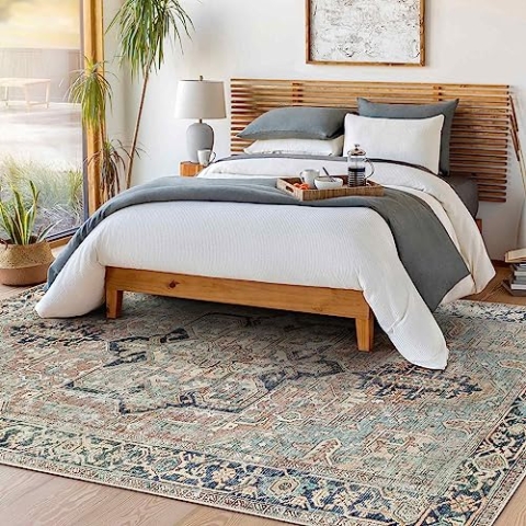 Livabliss Luxor Teppich waschbar in der Waschmaschine - Vintage Teppich Groß für Wohnzimmer 200x275 cm, Schlafzimmer, Küche - Orientalischer Boho Teppiche, Braune, Hellblau, Rot