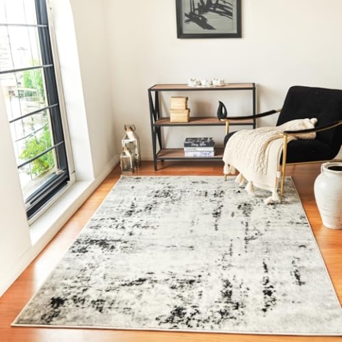 Livabliss Kyoto Wohnzimmer Teppich modern – Abstrakt Design in Marmor Optik für Wohnzimmer 200x274 cm, Esszimmer, Schlafzimmer - Marmor Teppich groß, weicher Teppich Kurzflor Elfenbein, Grau, Schwarz