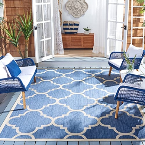 SAFAVIEH Spalier Teppich für Drinnen & Draussen - Courtyard Collection, Kurzer Flor, Blau und Beige, 160 X 160 cm