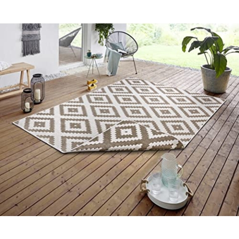 NORTHRUGS In- und Outdoor Teppich Malta 80x150cm - Wendeteppich Wetterfest Modernes Geometrisches Muster Teppich für Balkon Terrasse Garten Wintergarten Wohnzimmerteppich Wasserfest in Linen