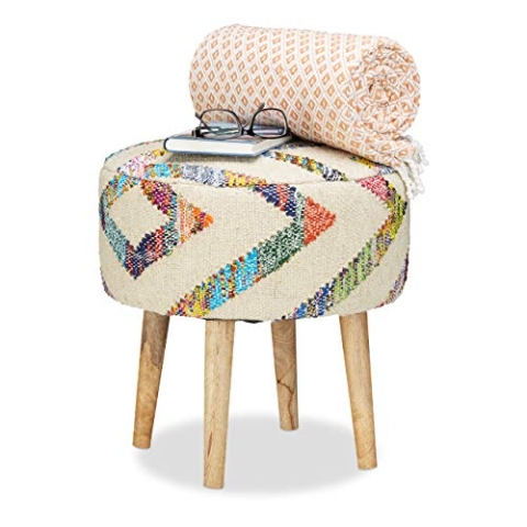 Relaxdays Hocker Retro handgewebt, gepolstert, Sitzhocker m. Stoff-Bezug, rund, Mangoholzbeine massiv, HxD 44,5x42 cm