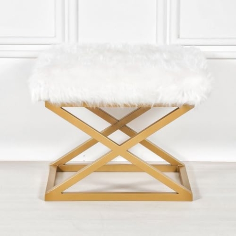 Atelier Del Sofa Stylish Pouffe with Metal Frame, 50 cm Width, 42 cm Height, 40 cm Depth | 100% Polyester Babyface, Elegant Gold & White Design | Perfect for Modern Living Spaces