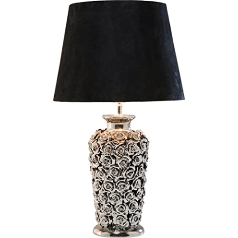 Kare Design Tischlampe Rose Silber/Schwarz, Tischleuchte, Keramik Fuß mit Rosenblüten, Deko Leuchte, Schreibtischlampe, Leuchtmittel nicht inklusive, 59x34x34cm (H/B/T)