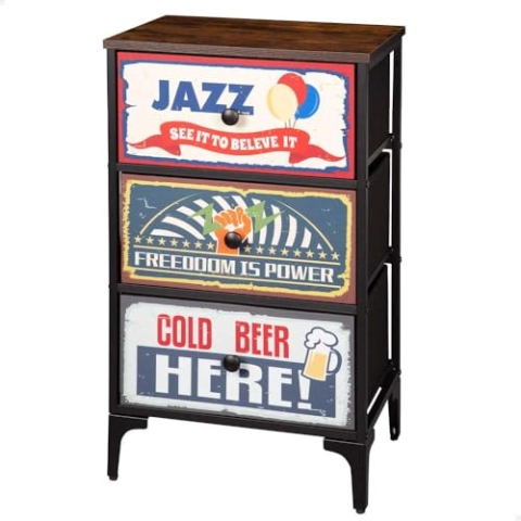 AKTIVE Max Home Mehrzweck-Schlafzimmerkommode, Retro- und Vintage-Grafiken, 3 leichte Stoffschubladen, 45 x 30 x 77 cm, Stahlrahmen, Holzplatte, Nachttische, Wohnzimmermöbel, Aufbewahrung (18400)