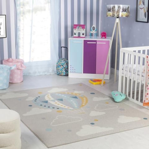 Livabliss Heissluftballon Kinderteppich - Cartoon Teppich 160x213 cm, Teppich Kinderzimmer oder Babyzimmer, Krabbelteppich oder Spielteppich - Baby Teppich für Jungen & Mädchen, Grau