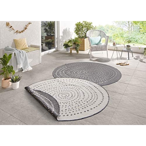 NORTHRUGS In- und Outdoor Teppich Bali Rund ⌀200cm - Wendeteppich Wetterfest Modernes Punkte Design Läufer für Balkon Terrasse Garten Wintergarten Wohnzimmerteppich Wasserfest in Grau Creme