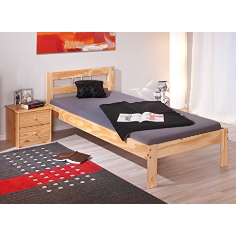 Inter Link – Holzbett - Bettrahmen – Bettgestell – Jugendbett – Gästebett – Einzelbett – Modernes Bett aus Kiefer Massivholz – ohne Lattenrost – Natur Lackiert – Jana 90 x 200 cm