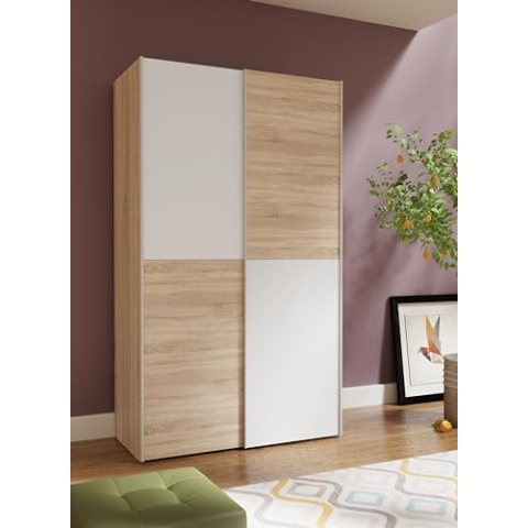 FORTE OZZULA Schrank 120, Kleiderschrank, Schwebetürenschrank, Schlafzimmerschrank 2-türig mit Einlegeböden und Kleiderstange, Holzdekor: Sonoma Eiche/Weiß, 120 cm breit x 190.5 cm hoch x 61 cm tief