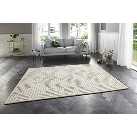 Elle Decoration Manipu Flauschiger Kurzflor Teppich Moderner Wohnzimmerteppich – Hoch Tief Effekt Weich Labyrinth Muster - für Wohnzimmer Schlafzimmer Küche oder Esszimmer Creme, 160x230cm