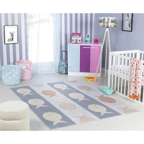 Livabliss Fisch Kinderteppich waschbar - Cartoon Teppich 120x170 cm, Waschbarer Teppich Kinderzimmer oder Babyzimmer, Krabbelteppich oder Spielteppich - Baby Teppich für Jungen & Mädchen, Crème, Grau