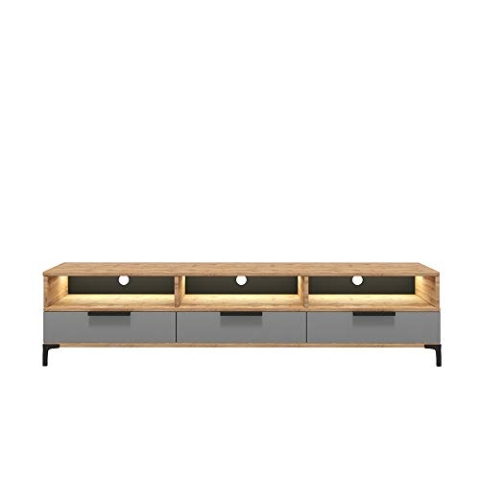 Selsey RIKKE - TV-Lowboard/TV-Tisch mit 3 offenen und 3 geschlossenen Fächern, 160 cm breit (Wotan Eiche Matt/Grau Hochglanz mit LED)
