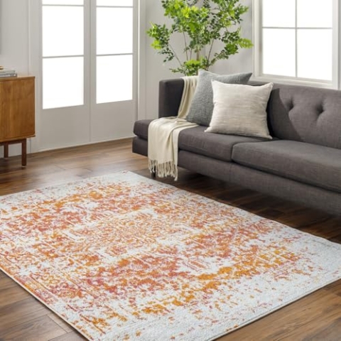 Livabliss Syracusa Vintage Teppich groß - Teppich Wohnzimmer 140x200 cm, Esszimmer, Schlafzimmer - Orientalischer Teppich Boho Style - Carpet Living Room, Bunter Muster, Orange, Beige und Rosa