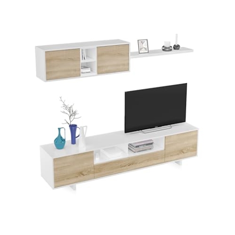 Habitdesign Moderne Wohnzimmermöbel, Modell Belus, Finish in glänzendem Weiß und kanadischer Eiche, Maße: 200 cm (Breite) x 41 cm (Tiefe) x 46 cm (Höhe)