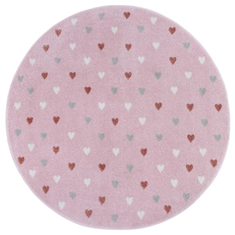 Hanse Home Adventures Kinderteppich Rund - Herz Muster Teppich Junge Mädchen für Kinderzimmer, Spielzimmer, Jugendzimmer, Wohnzimmer - Rosa, 140cm