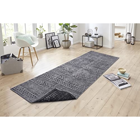 NORTHRUGS In- und Outdoor Teppich Biri 80x350 cm - Wendeteppich Wetterfest Boho Style Vintage Design Teppich für Balkon Terrasse Garten Wintergarten Wohnzimmerteppich Wasserfest in Night Silver