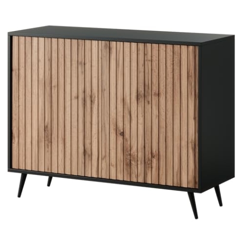 Selsey Bello - Kommode in Schwarz und Wotan Eiche mit Lamellen, goldene Beine, 104 cm breit