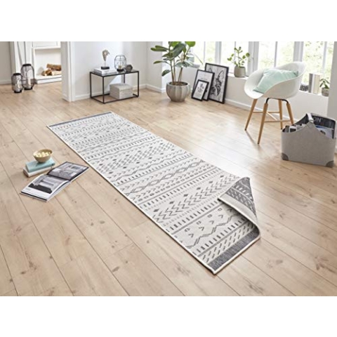 NORTHRUGS In- und Outdoor Teppich Kuba 80x250cm - Wendeteppich Wetterfest Boho Design Ethno Muster Läufer für Balkon Terrasse Garten Wintergarten Wohnzimmerteppich Wasserfest in Grau Creme