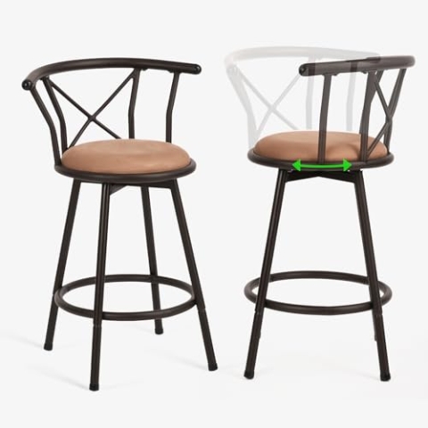 MEUBLE COSY Barhocker 2er Set Barstühle Drehbarer 63 cm hoch Drehstühle mit Fußstütze Lehne und Wildledersitz, für Esszimmer, Küche, Theke, Bar, Industriestil, Braun