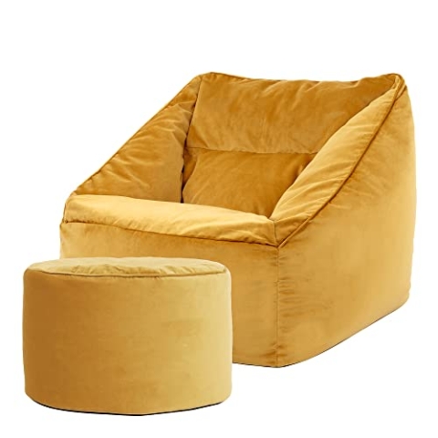 Icon Natalia Sitzsack Sessel mit Sitzpuff für Erwachsene, Gelb, Flauschiger Samtstoff, Riesen Sitzsack Samt mit Füllung, Bean Bag Chair, Bequemer Sessel Wohnzimmer, Lounge, Schlafzimmer, Büro