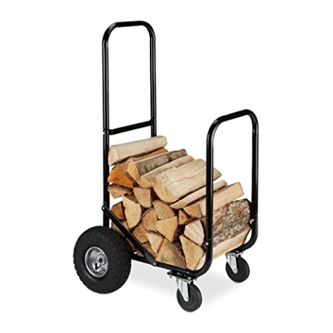 Relaxdays Kaminholzwagen, 2 Reifen & 2 Rollen, bis 60 kg, Brennholzwagen Stahl, Holztransport & -aufbewahrung, schwarz