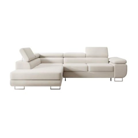 Selsey STEVIL - Ecksofa L-Sofa mit Schlaffunktion, Bettkasten, Ottomane links, Veloursbezug Hellbeige