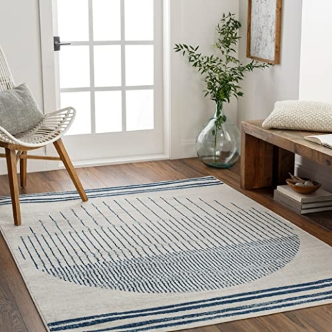 Livabliss Nairobi Teppich Wohnzimmer Boho, großer Teppich Schlafzimmer 160x216 cm - Teppich für Esszimmer mit geometrischem Muster, Skandinavischer Wohnzimmerteppich modern in Elfenbein und Blau