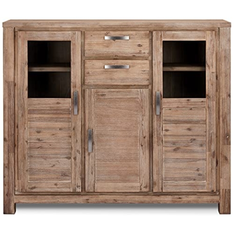Ibbe Design Highboard Vitine Braun Lackiert Massiv Akazie Holz Vitrineschrank Alaska mit Glastüre und 2 Schubladen, L160xB45xH140cm